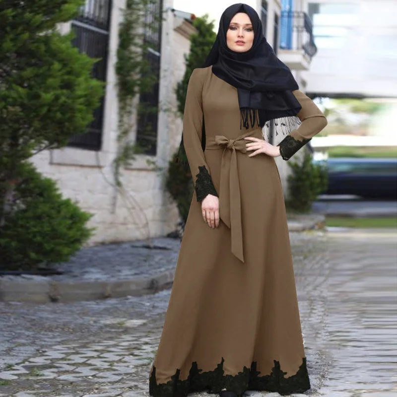 

Arab Dubai Muslim Dress Elegant Kaftan Abaya Turkish Robes Long Sleeve Islamic Clothing With Belt