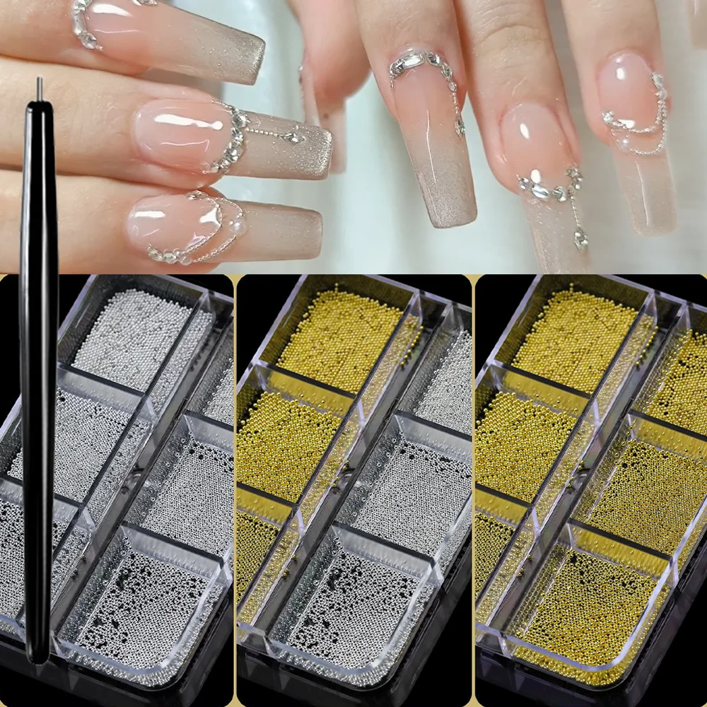 6Grids 3D Mini-Kaviarperlen Nagelcharms Gemischt 0,6/0,8/1mm Mikro-Rundperlen Nagelkunst-Strasssteine mit 1 Stück Magnetstift Edelstein-Set – Detail 2
