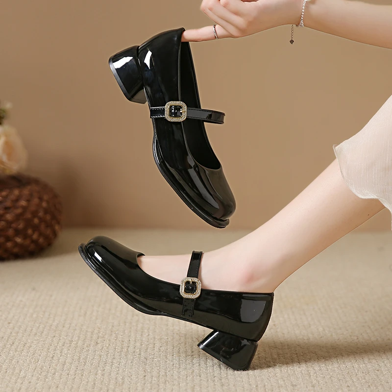 Women Pumps 2024 New Mary Jane Shoes for Women Big Size Belt Buckle Small Leather Shoes for Women Thick Heels High Heels Shoes