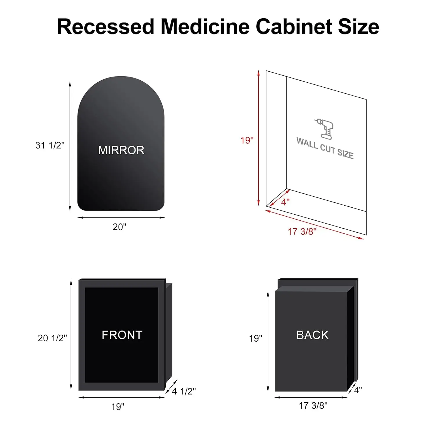 Arched Recessed Medicine Cabinet,LED Light,Touch Dimmer,3 Color,Adjustable Shelves,Wall or Recessed,20x31