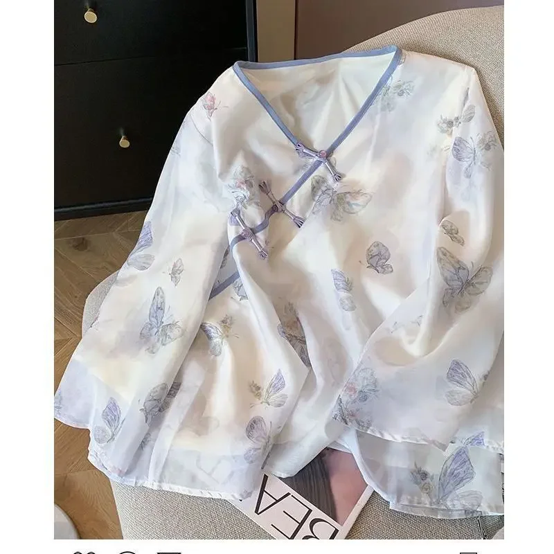 

New Chinese Style Lavender Butterfly Print Slanted Collar Disk Button Shirt Women Spring Summer National Style Zen Chiffon