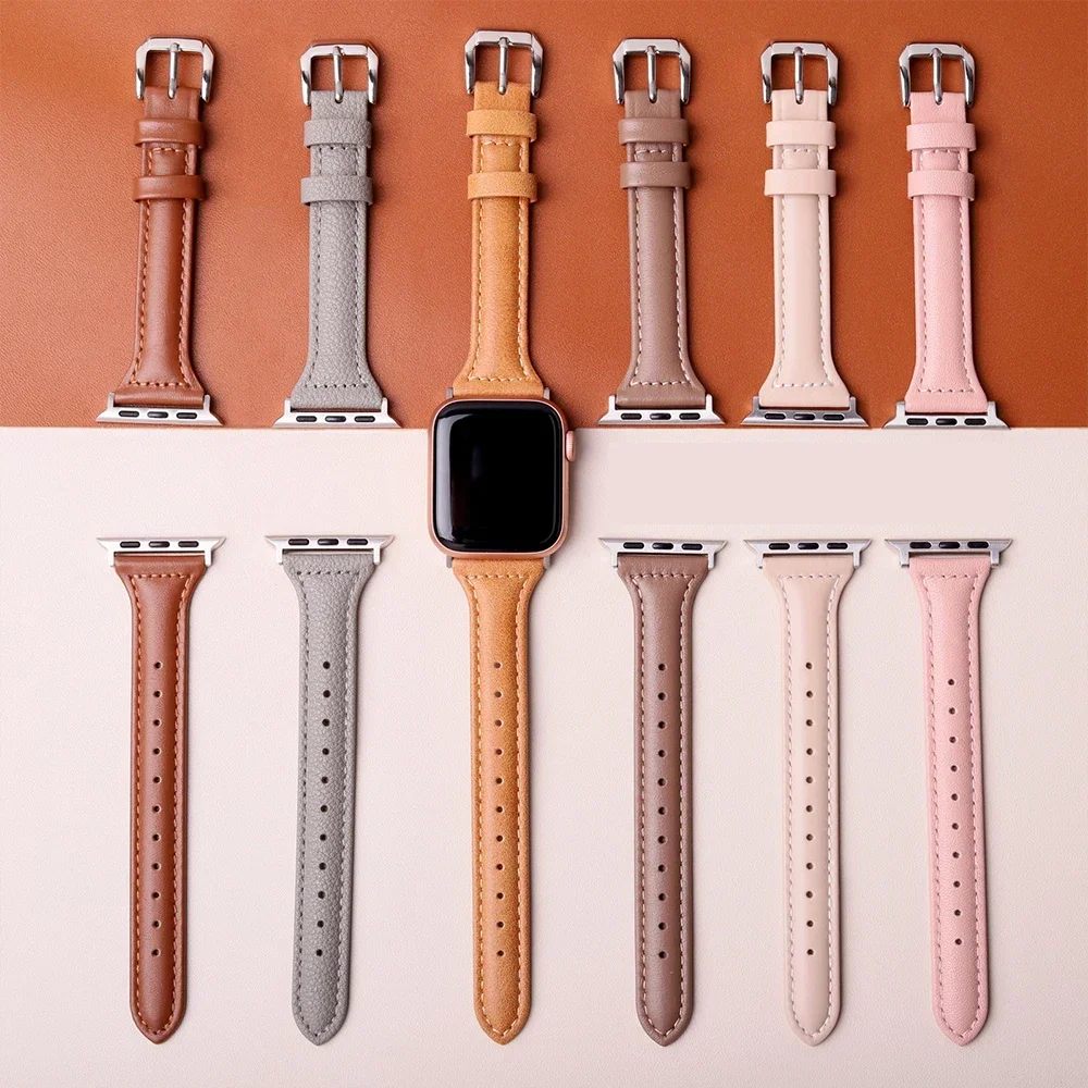 Ремешок кожаный для Apple Watch Band, тонкий женский браслет для часов apple watch Band 8 45 мм Ultra 9 7 se 3 4 6, 44 мм 40 мм 41 мм 42 мм 38 мм 49 мм
