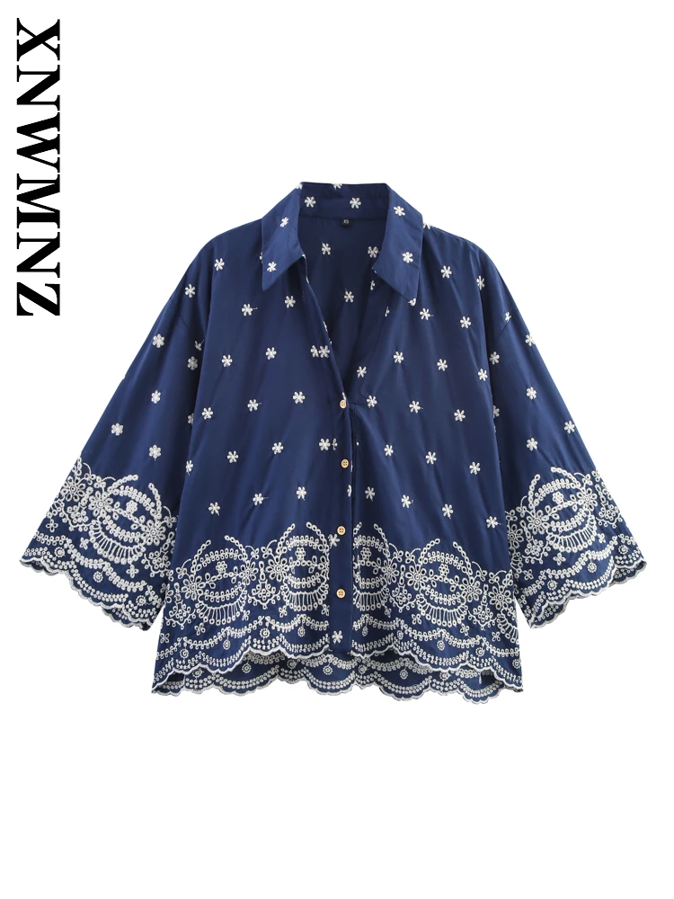 

XNWMNZ 2025 Summer Woman Holiday Fashion Three Quarter Sleeve Shirt Casual Woman's Turn-down Collar Long Sleeve Top Chic Top