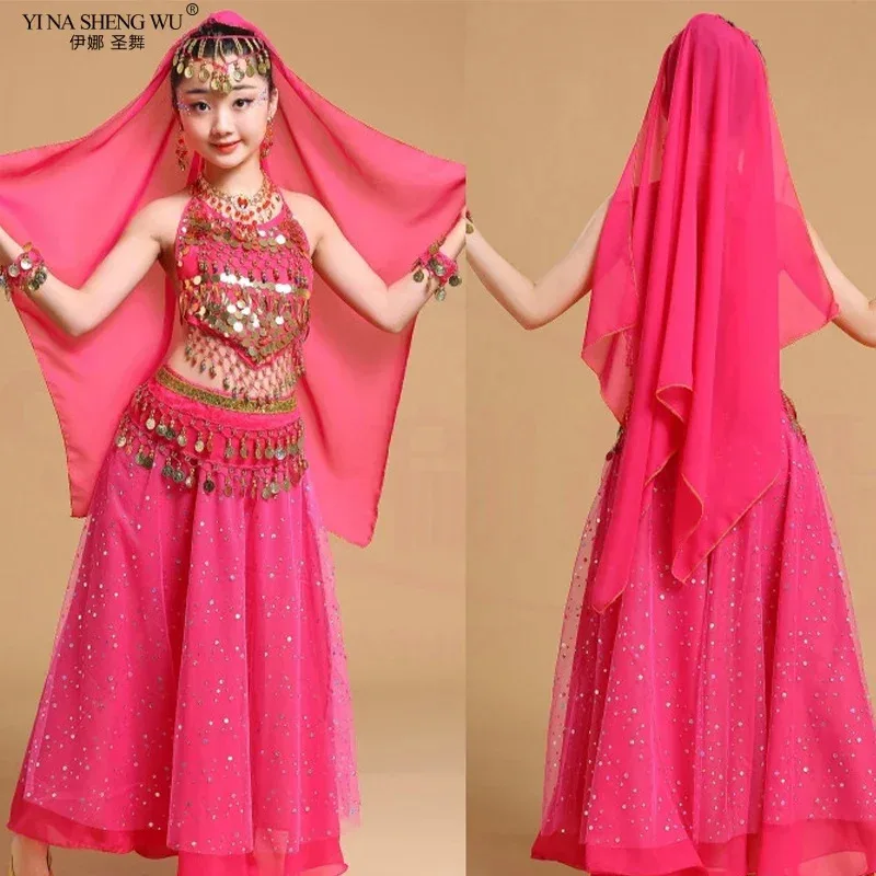 2025 ♥ New Kid Belly Costumes Set Chiffon Girl Indian Dance Stage Performance Clothing Sequin Skirt for Child/Adult Ind ☆★
