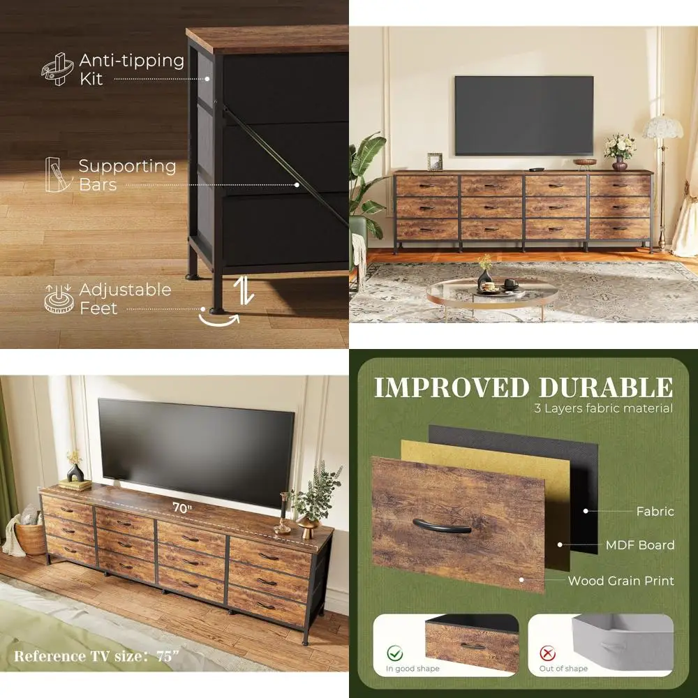 70 Large Rustic Brown TV Stand for Bedroom, Accommodates 65-80 TVs, 12 Fabric Drawers, Wide Storage Chest