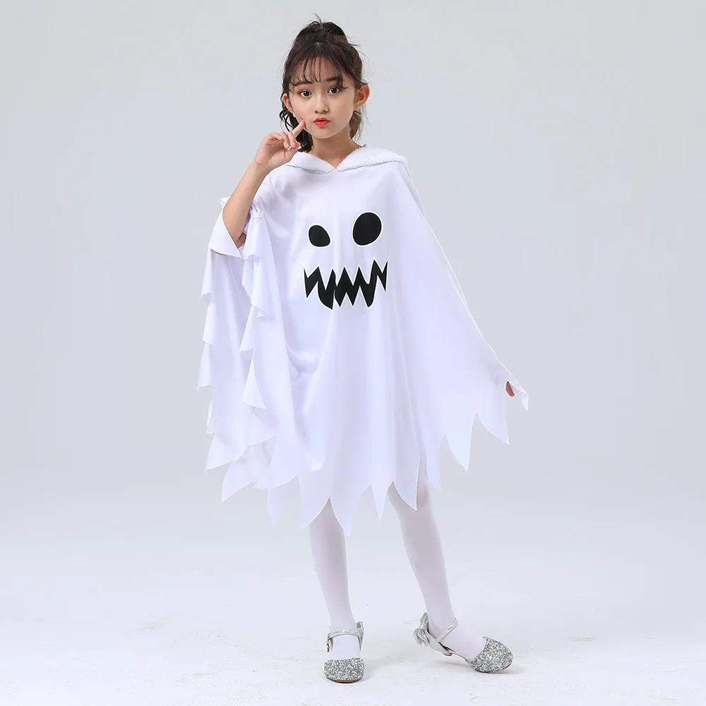 Spooky White Ghost Poncho Costume for Kids Perfect for Halloween Fun & Dress Up Parties