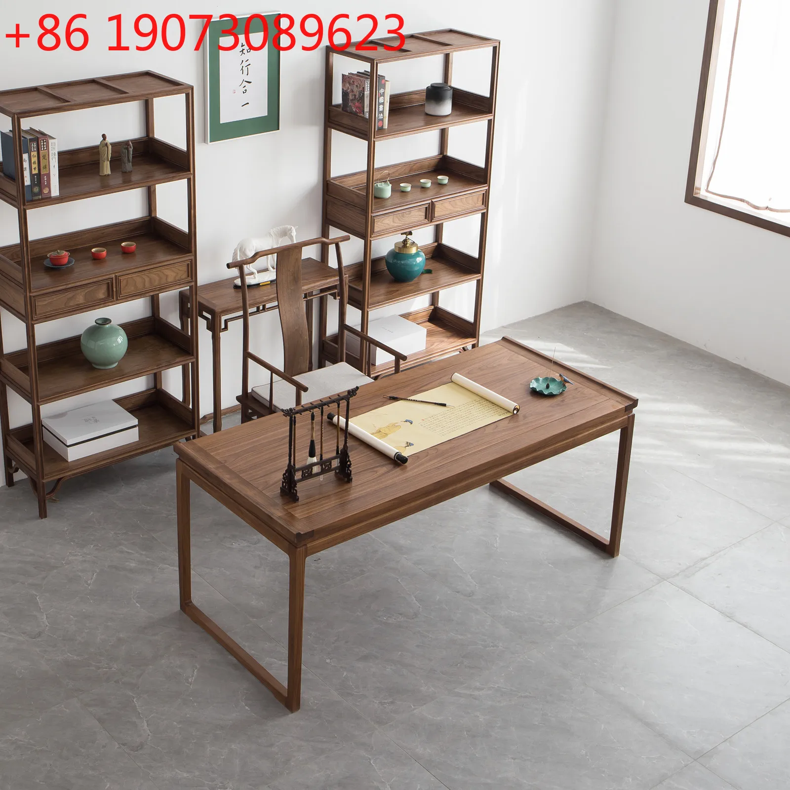 Combinazione di librerie da scrivania in noce nera, tavolo da pittura e calligrafia in legno massello, tavolo da tè in olmo, nuovo stile cinese