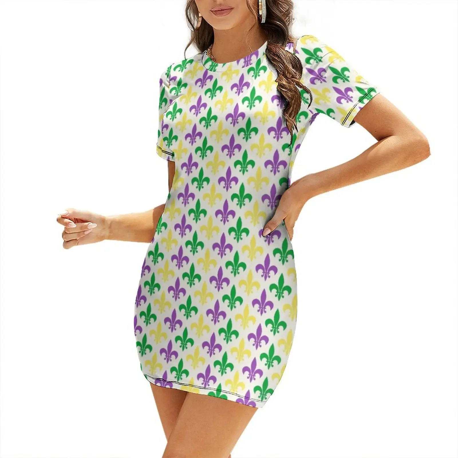 Mardi Gras Colorful Pattern Mardi Gras Decoration Short-Sleeved Dress women's summer dress 2026 Clothing female Female dress