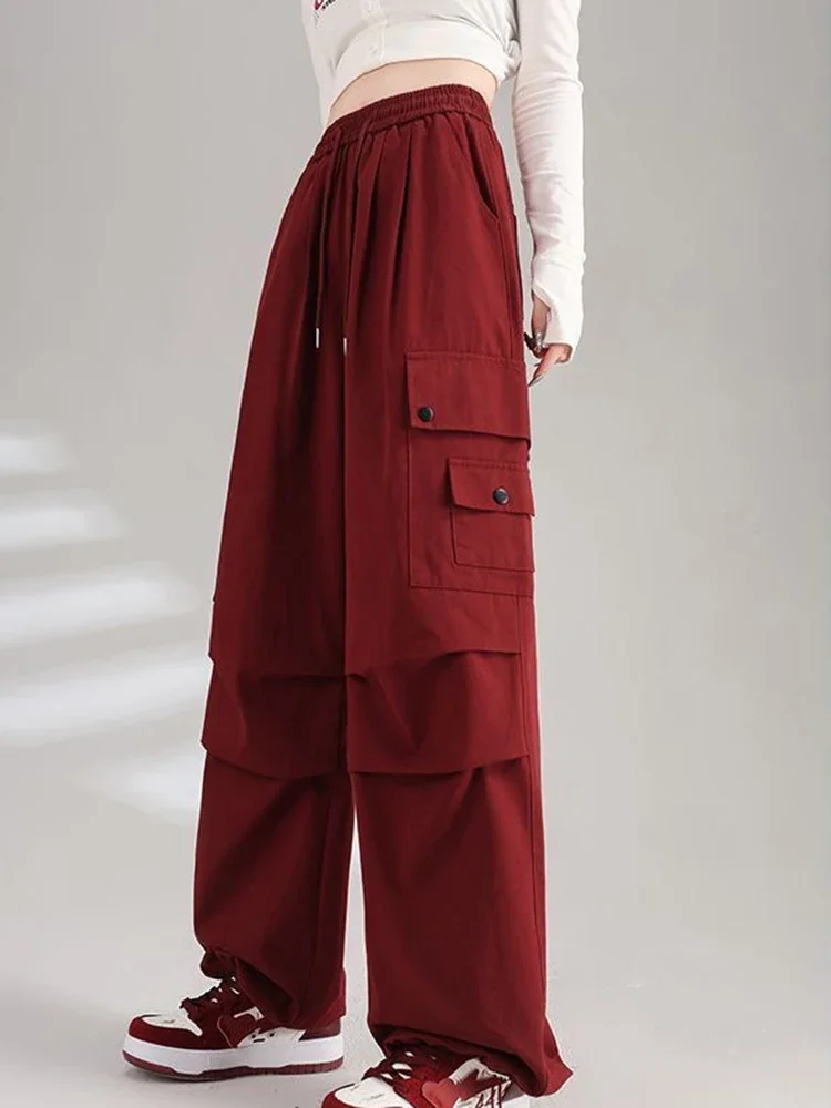 

Y2K Solid Cargo Pants Women High Waist Streetwear American Wide Leg Trousers Fashion Hotsweet Loose Pocket Cuffed Sweatpants New