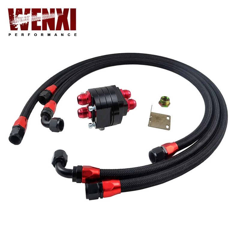 Black Aluminum Oil Filter Cooler Relocation Kit + 3x Black Braided Hose Line + Adapter