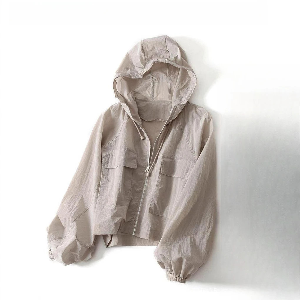 Women's UV Protection Sunscreen Clothes Summer Fashion Loose Hooded Zipper Thin Casual Garment with Small Print