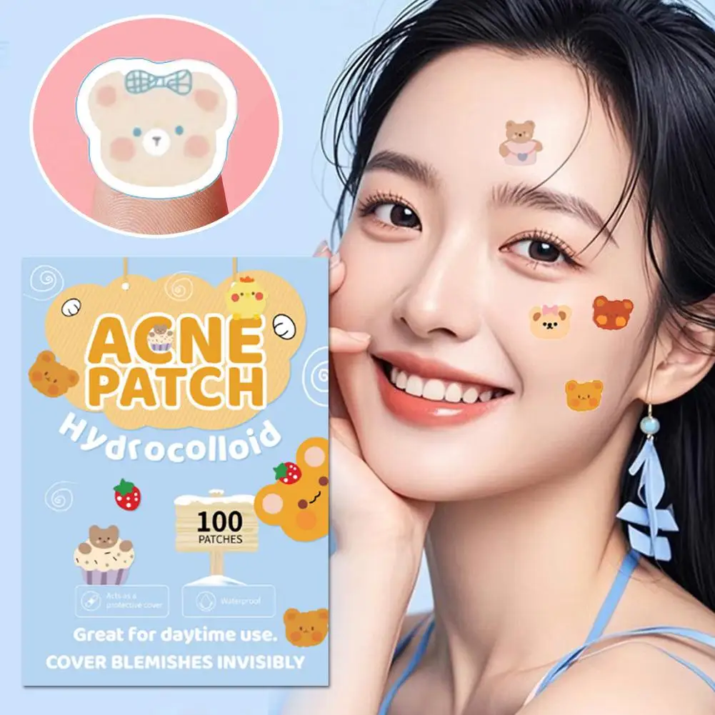 100 個にきびパッチ漫画クマ柄除去ニキビステッカー PE 軽量快適な通気性フェイシャルスキンケアツール