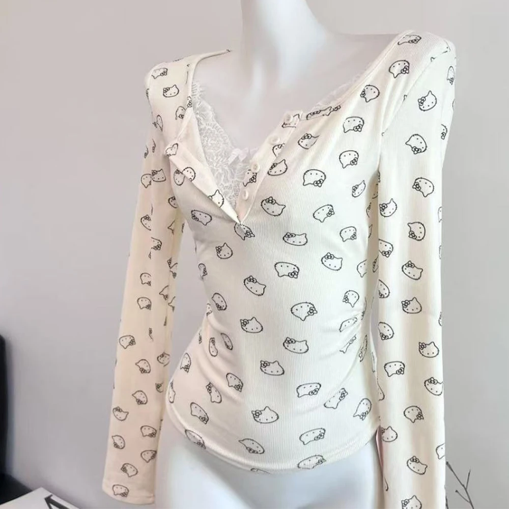 

Женская футболка с длинными рукавами и принтом «Hello Kitty», милая осенне-зимняя тонкая базовая рубашка Sanrio, тонкие кружевные топы для девочек, модные