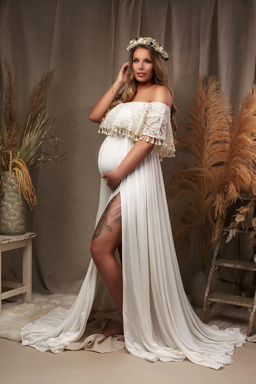 

Maternity Photography Props Dress Shoulderless Lace Maternity Photo Shoot Outfit Bohemian Pregnant Woman Dress For Photography