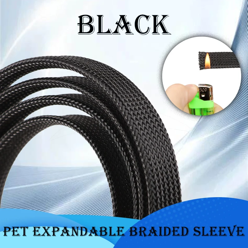 2/4/6/8/10/12/14/16/20/25/30/35/40/50/60mm Black PET Braid Sleeve High Density Insulated Snake Skin Cable Wrap Sheath  1~50m