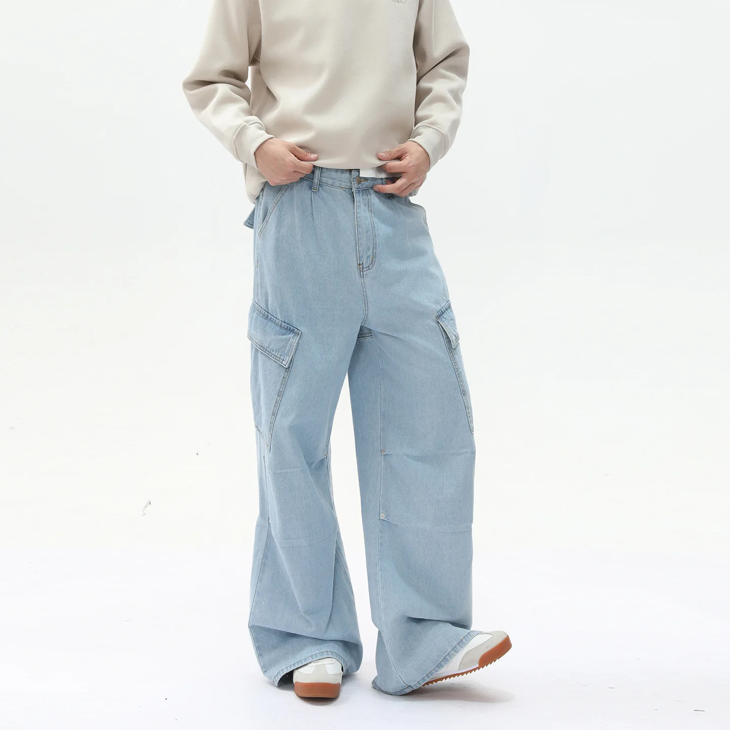 2026 Men's New High Street Heavy Industry Deconstruction Splicing Three-dimensional Multi-pocket Drape Wide-leg Tooling Jeans