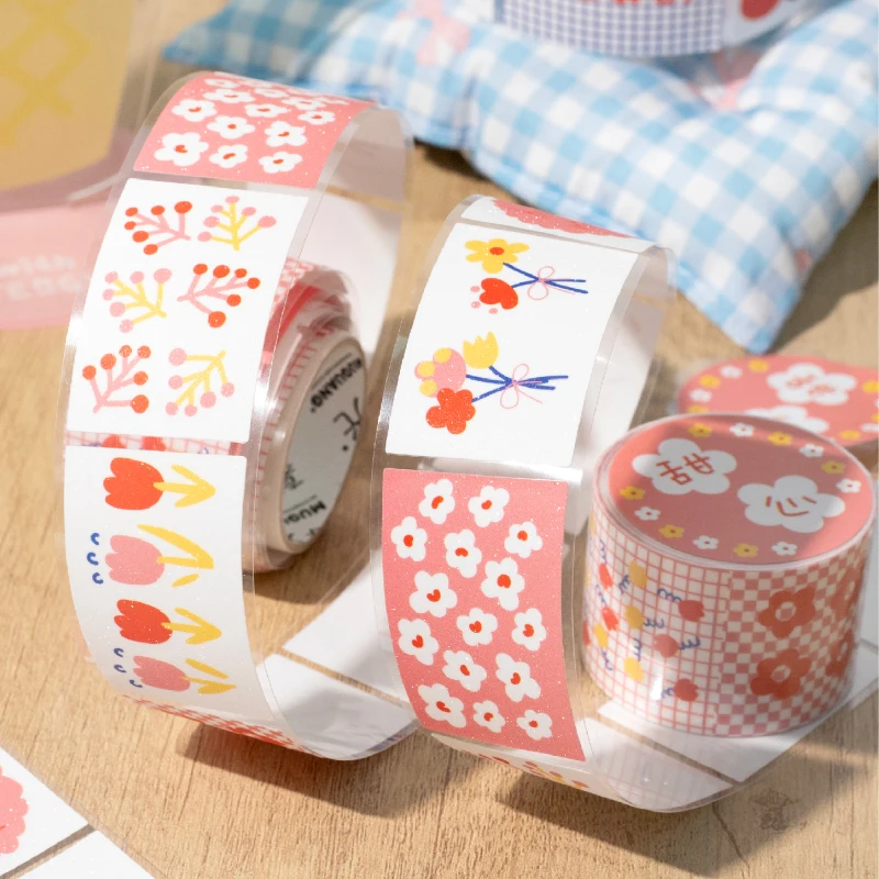 Kawaii Floral Print Label Sticker Tape Creative Collage Handmade Journal DIY Diary Album Scrapbook Aesthetic Stickers