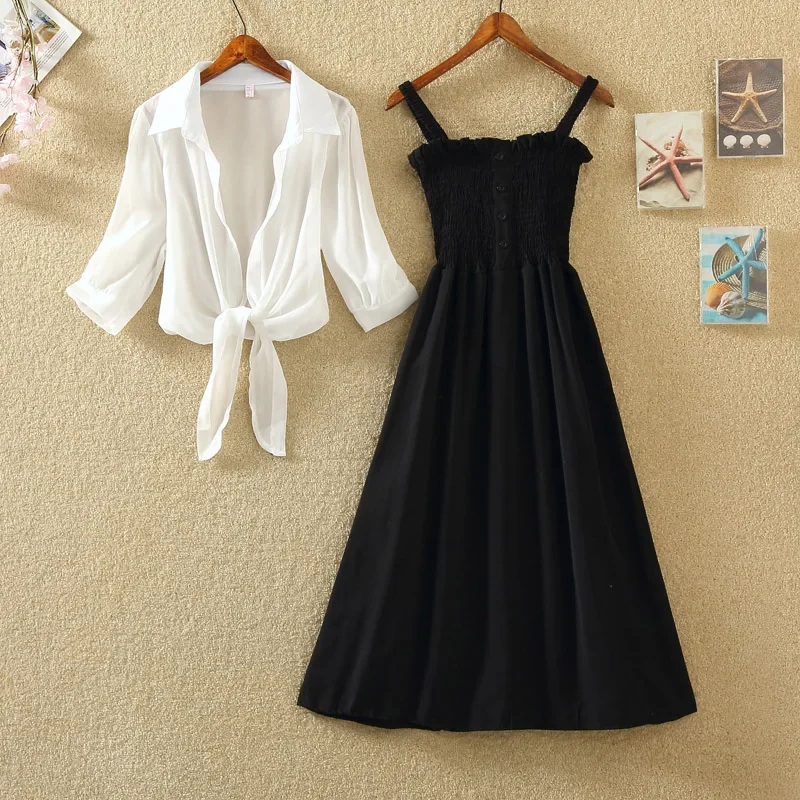 Retro High-waisted Slimming Base Strapped Dress Two-Piece Set Summer Wear for Women New Dress Outfit Women Dress
