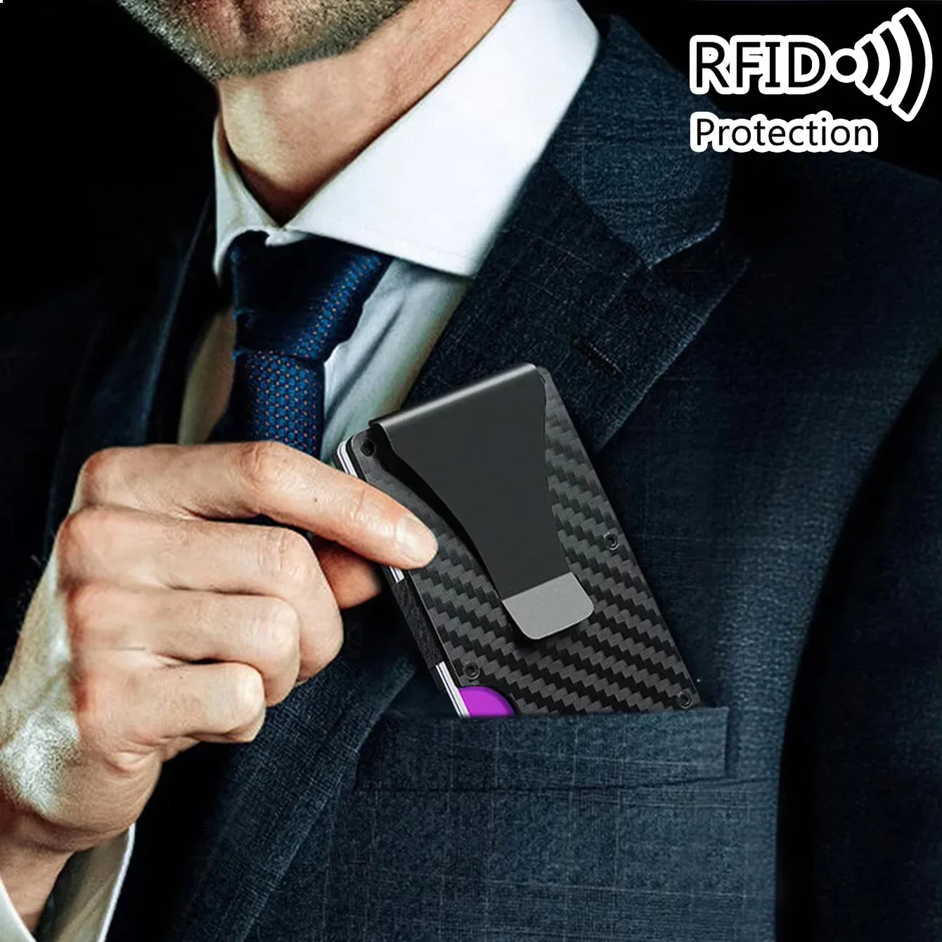 حامل بطاقات حجب RFID من ألياف الكربون - محفظة صغيرة رفيعة للرجال، حقيبة نقود معدنية مضادة للسرقة، محفظة صغيرة للرجال