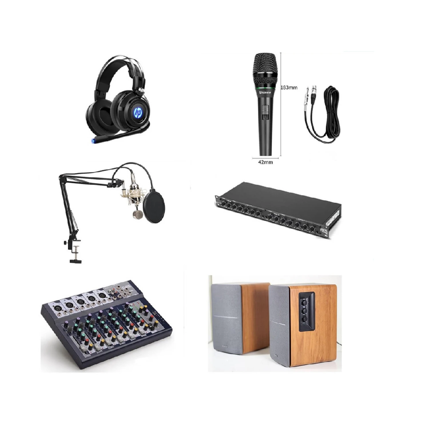 

Radio Station Package: 6 channels channel mixer+ audo processor+ studio mic+ monito speaker+ headphone+ mic stands+ bop cover