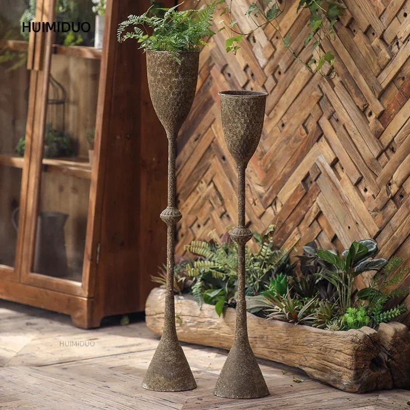Rustic Brown Iron Floor Planter Stand, Hammered Metal Goblet Shape Flower Pot, Tall Industrial Home Garden Decor