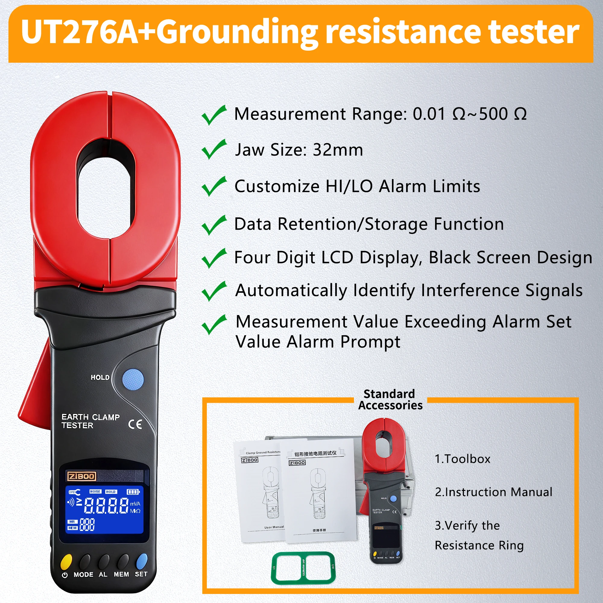 UT276A+ Ground Resistance Clamp Tester by ZIBOO: For Ground Loop & Leakage Current, with 32mm Big Jaw,UT278A+.