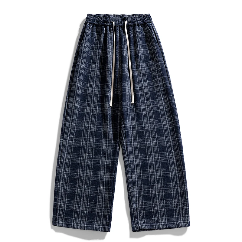 

Винтажные широкие брюки в клетку, свободные повседневные брюки с эластичной резинкой на талии, модные брюки в клетку с потертостями в уличном стиле, универсальный удобный осенне-зимний наряд для похудения, прямые брюки