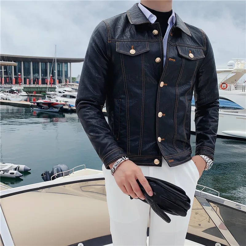 

Mens Single Breasted leather jacket Korean slim fit Lapel PU Jacket Coat Spring Autumn Male Windproof Outwear Black Oversize Top