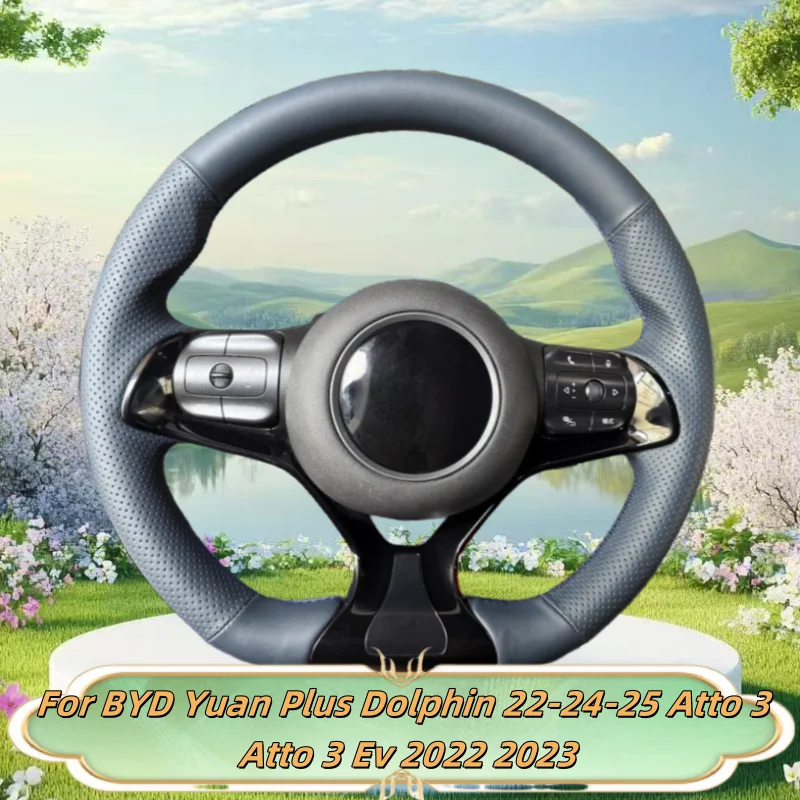 Car Steering Wheel Cover Hand-Sewn Microfiber Leather For BYD Yuan Plus Dolphin 22-24-25 Atto 3 Atto 3 Ev 2022 2023 Accessories