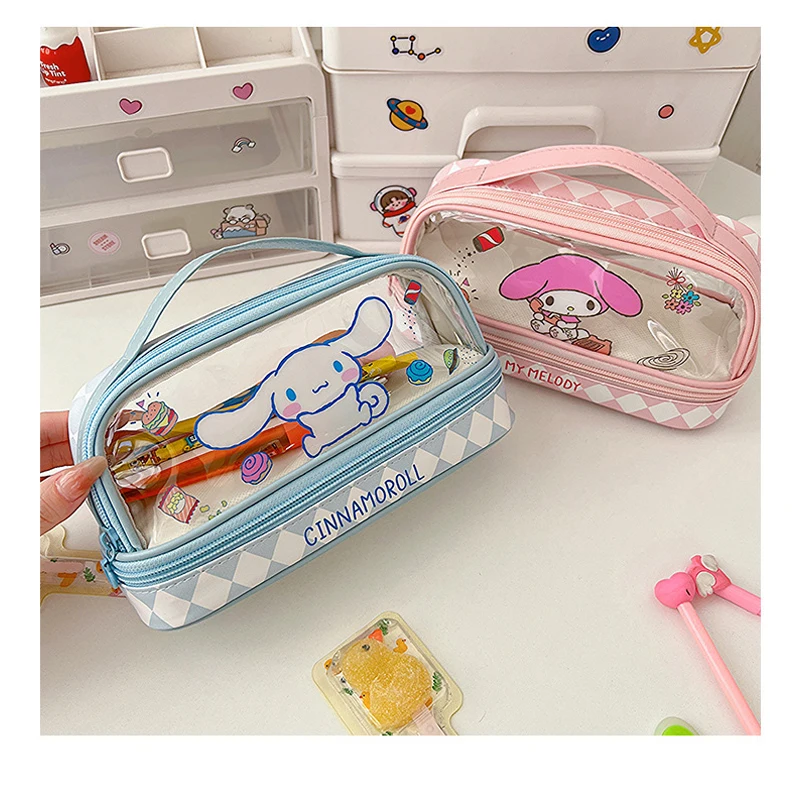 Kawaii Cartoon Hellokitty Kuromi Large Capacity Transparent Double Layer Pencil Case Cartoon Cinnamoroll Stationery Pen Bag