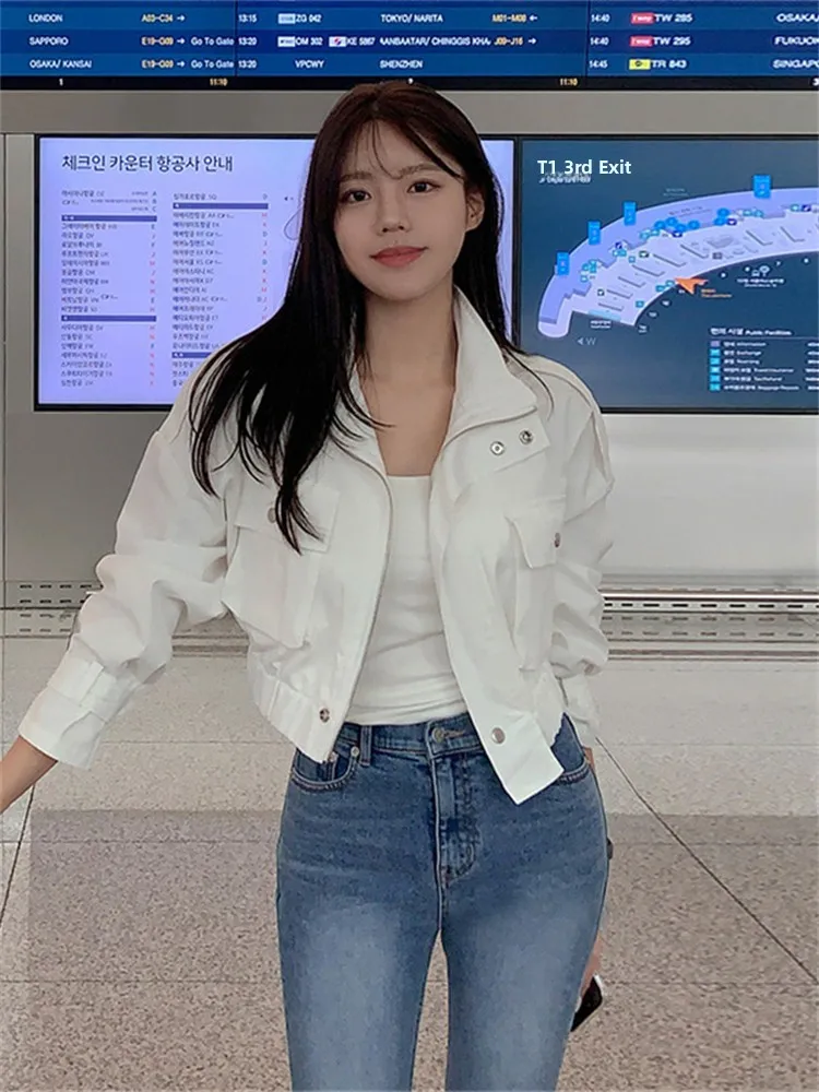Women's Short Workwear Jacket Outerwear Loose Fit Thin Stand Collar Zipper Casual Stylish Spring White Color Block Polyester