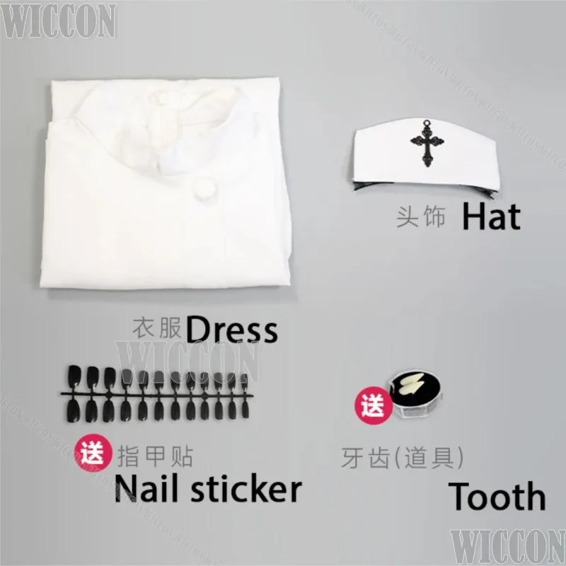 Nanakusa Nazuna Anime CALL OF THE NIGHT Cosplay Costume Prop Purple Wig White Dress Nurse Uniform Tooth Black Nail Customizedc;6