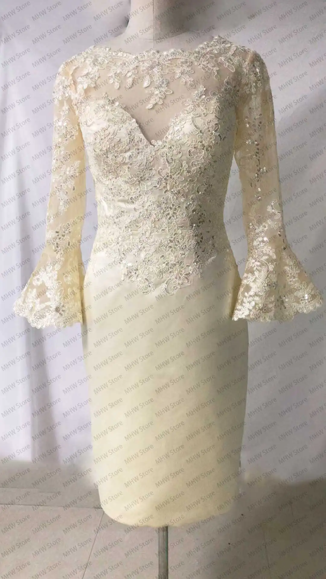 Abito da ballo per gala Abito per la madre della sposa per matrimonio con abito da sera in pizzo 2025 Applicazioni a maniche lunghe al ginocchio Personalizzato