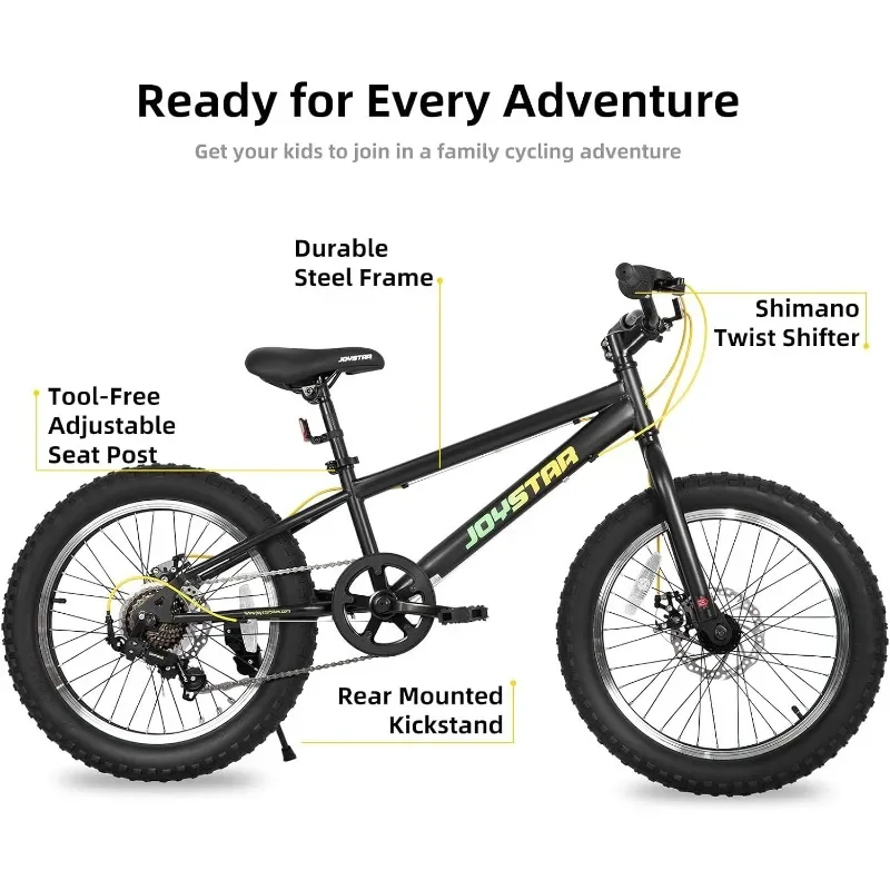 20 Inch Mountain Bike for Kids Ages 7-12 Year Old, 3-Inch Wide Knobby Tires, 7 Speed Drivetrain, Disc Brakes