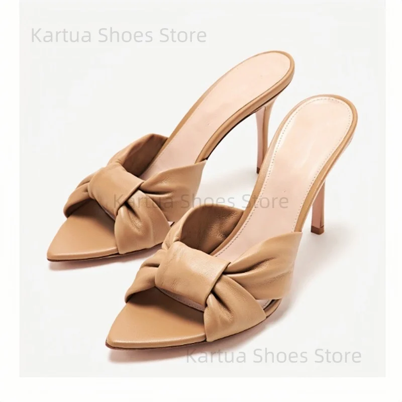 

Women's Gold Metallic Bow High Heel Slippers Pointed Toe Open Toe Stiletto Heel Sandals Elegant Slip On Wedding Large Size Shoes