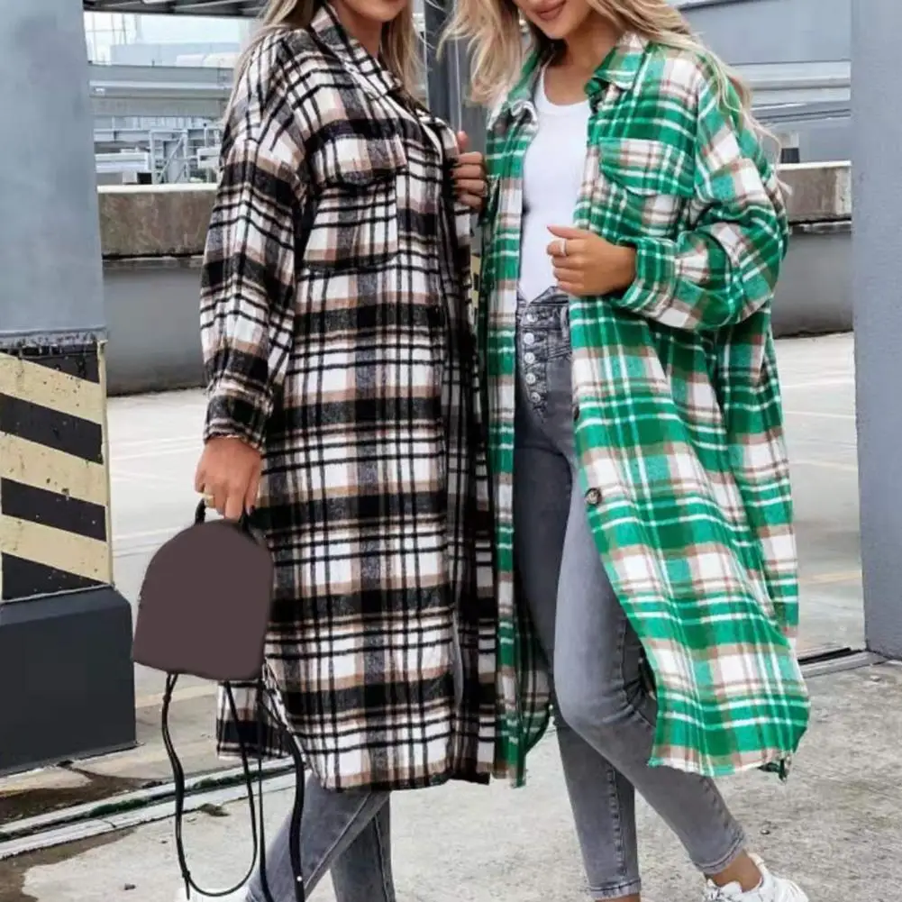 Women Coat Single-breasted Long Sleeve Midi Length Loose Classic Sunscreen Plaid Print Split Spring Coat Women Clothing