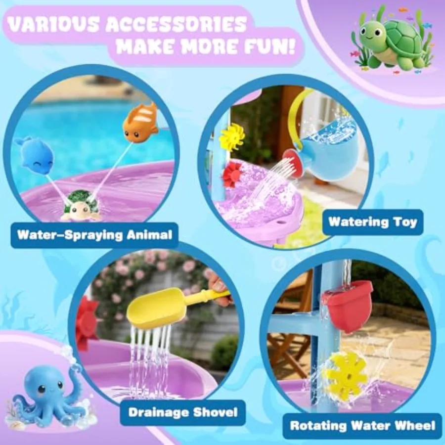 Outdoor sensory water table for toddlers 3-5: 3-tier rain showers, splash pond, auto-absorbing pump, portable summer toy, blue