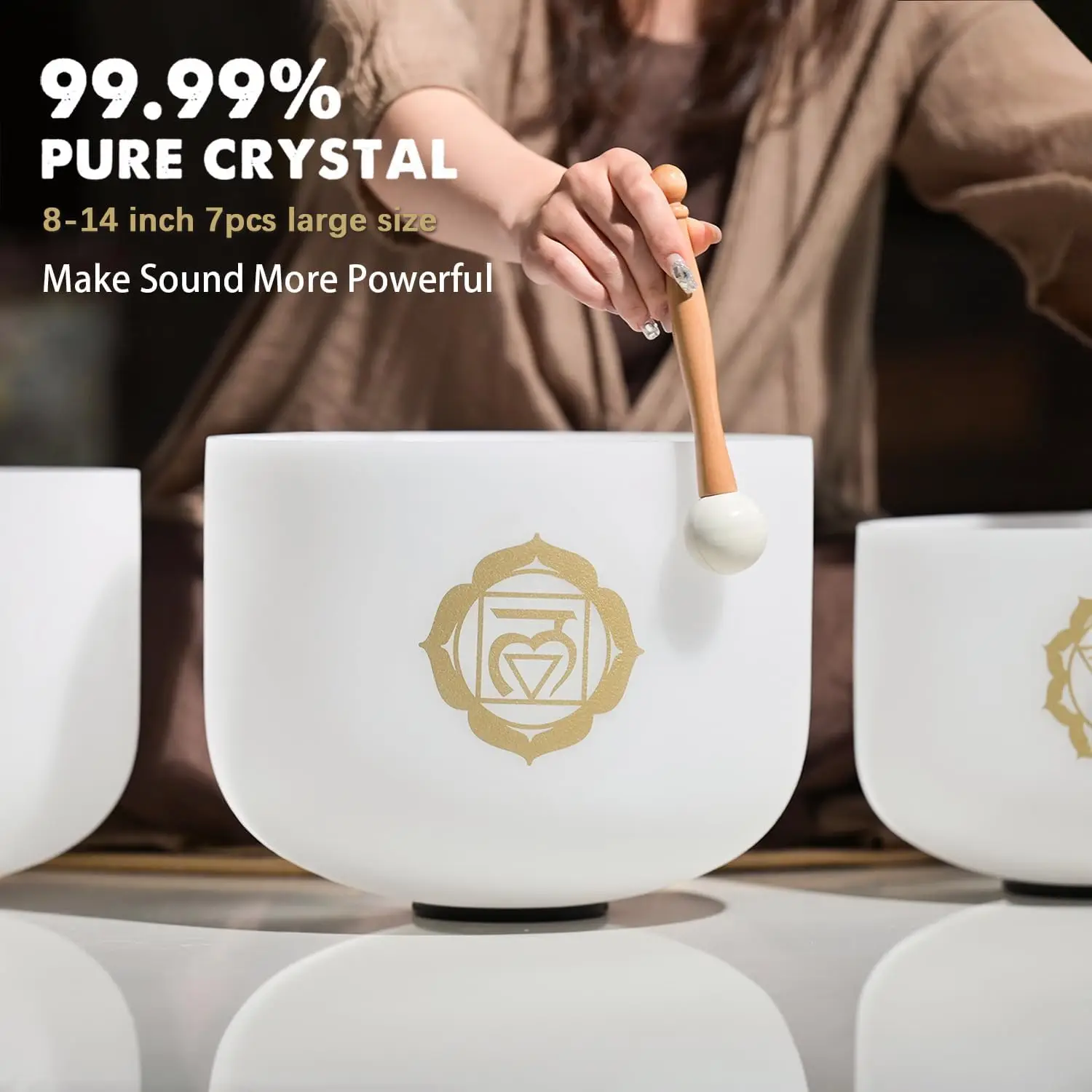 CVNC 432HZ 8-14 Inch Chakra Symbol Design Frosted Quartz Crystal Singing Bowl Set of 7 PCS with Grey Bags for Sound Healing