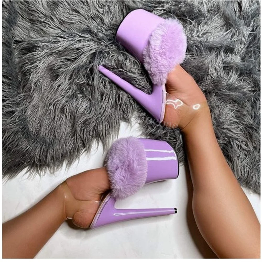 Fuzzy Ball Decor Platform Sandals Brushy Thin High Heels Shoes for Women Patent Leather Shoes 2024 Zapatos Para Mujere