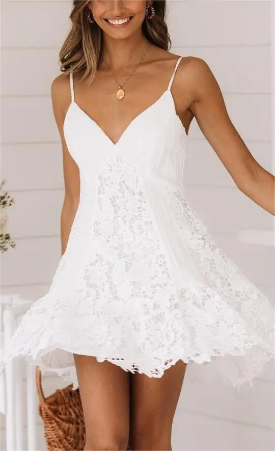 

New Fashion Women Sling Dress Spaghetti Straps V-Neck Lace Solid Summer Mini Dress For Club Party Street Style Hot Sale S-XL