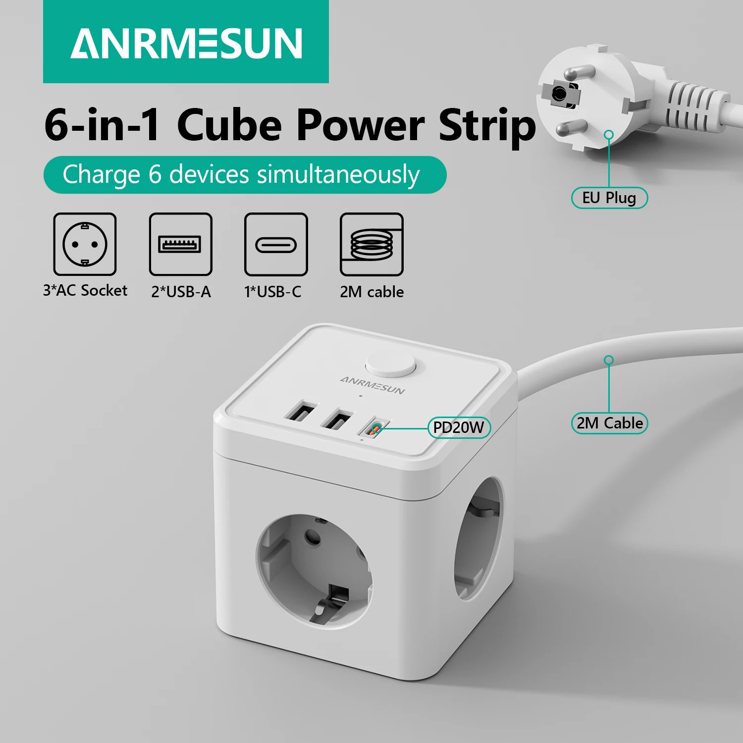 Multiprise EU 6-en-1 avec charge rapide PD20 W, protection contre les surtensions, cordon d'extension de 2 m, 3 prises AC, 2 USB A et 1 Type-C, prise de table
