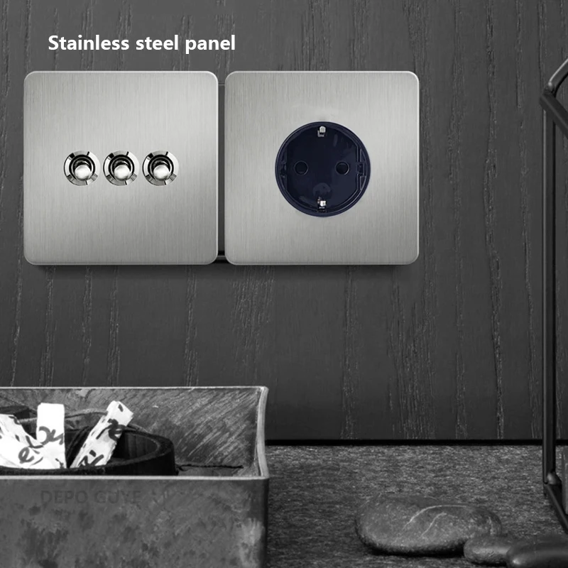 Retro EU France Socket Stainless Steel Brushed Double Power Outlet Toggle Metal Lever 1-4 Gang 2Way Wall Light Switch Panel RJ45