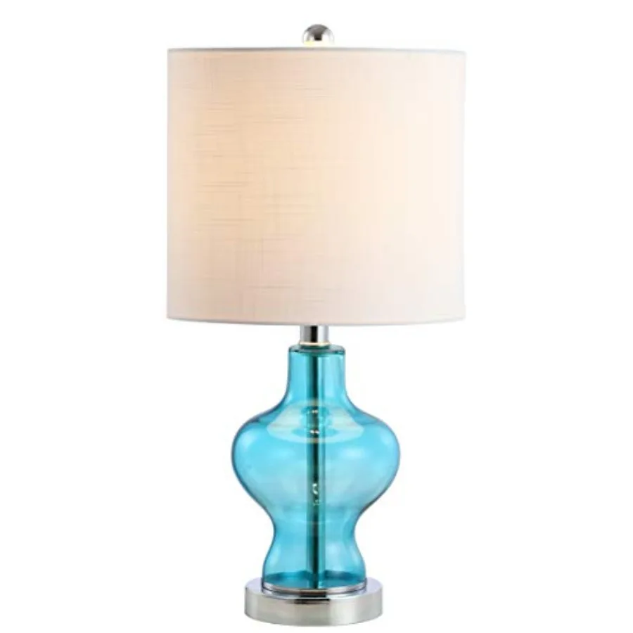

20.5" Aqua Blue Glass Table Lamp Modern Transitional Bedside Lamp for Living Room Bedroom White Linen Drum Shade Chrome Accents