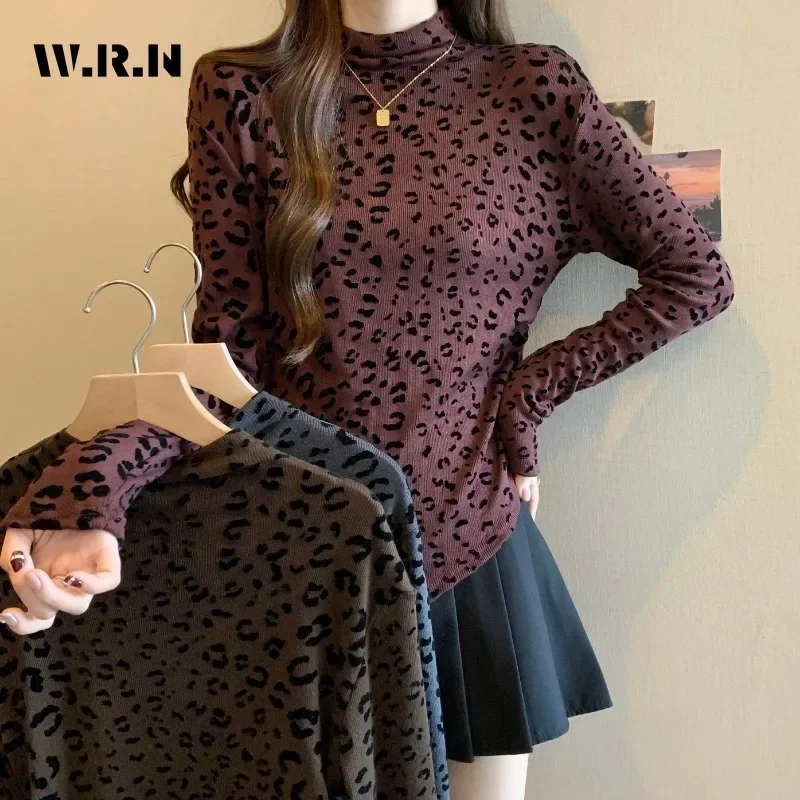 

2024 Winter Sexy Casual Leopard Print Long Sleeve O-Neck T-Shirts Women Fashion Hotsweet Vintage Style Sheath Coquette Tees Tops