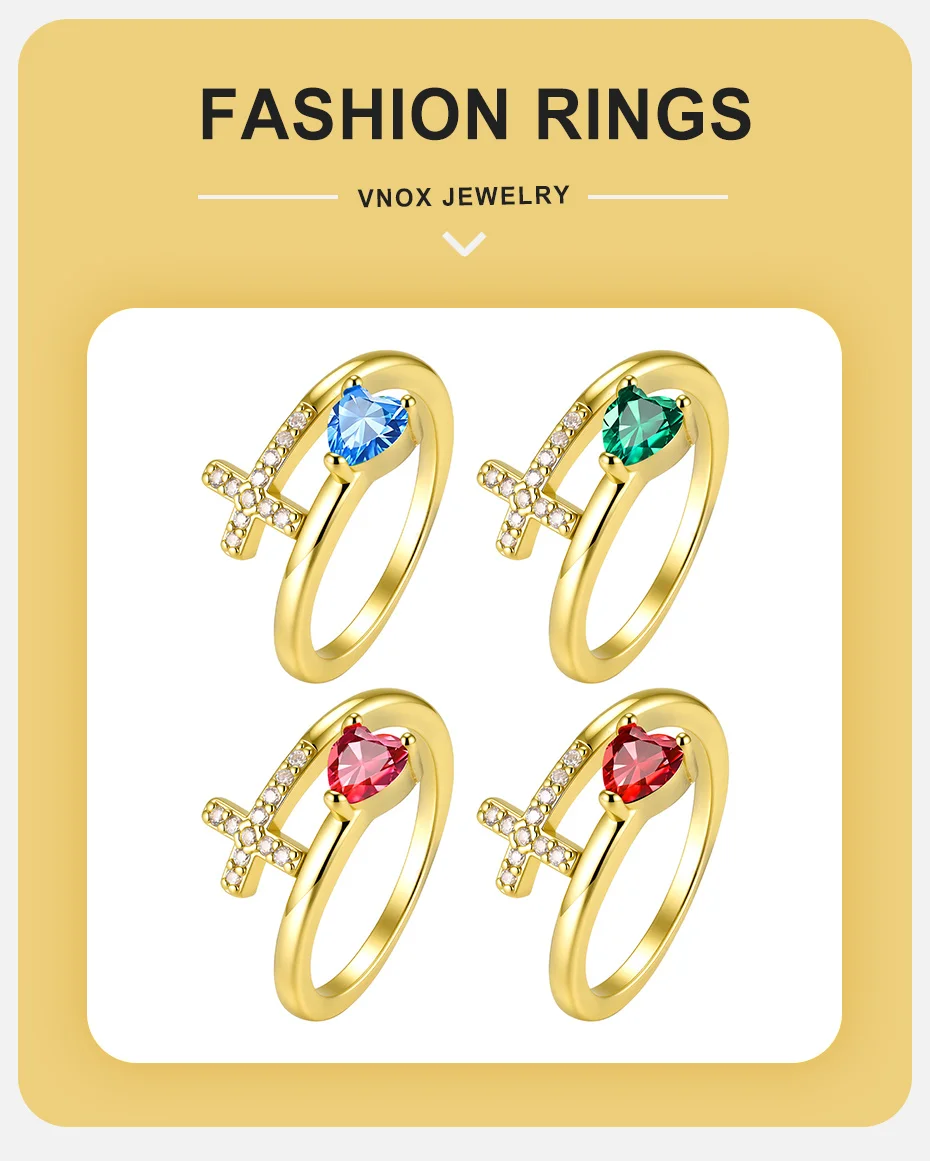 Vnox Vergoldeter Herzring mit AAA-Zirkonia für Damen, Einzigartiges Design, Glänzende Bunte Kristalle, Kreuzring, Romantischer Religiöser Schmuck – Detail 1