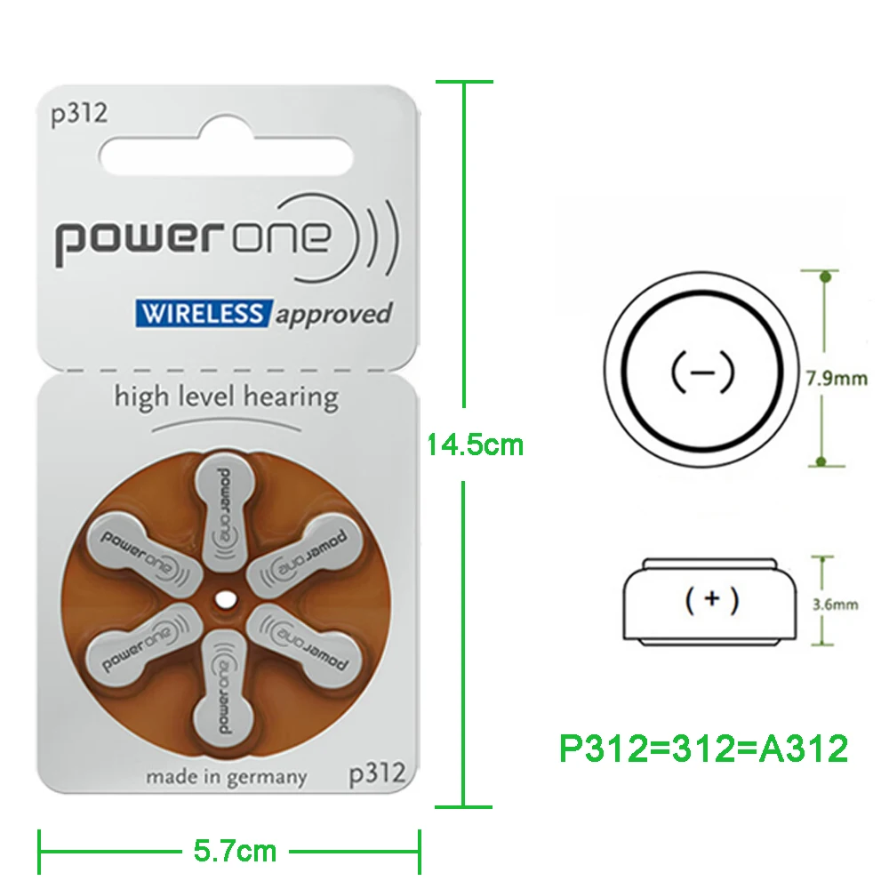 PowerOne P312 60 шт. батареи для слухового аппарата 1,45 в 312 312 P P312 PR41 цинковая воздушная батарея для слухового аппарата BTE CIC RIC OE