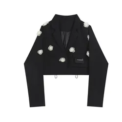 Blazers Jacket Women Short Coats Turn-down Collar Drawstring Long Sleeve Single Button Patchwork Floral Coat Korean Fashion 2023