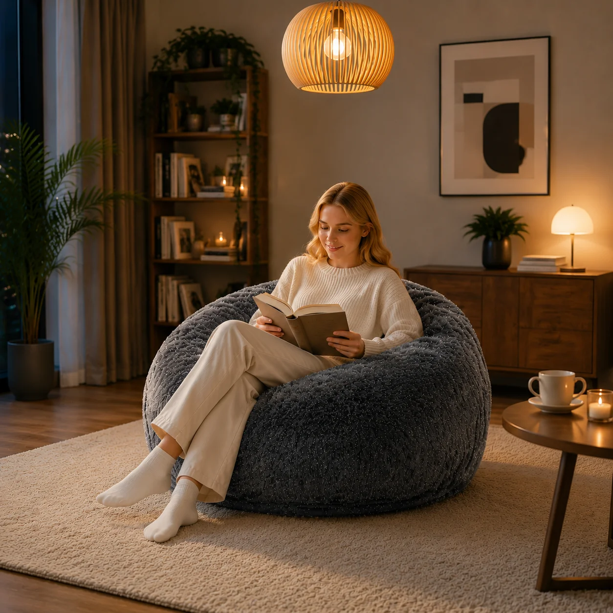 4FT Glitter Fluffy Faux Fur Bean Bag Chair, Vacuum Compressed High Rebound Memory Foam Floor Seat With Hidden Zipper Removable Washable Fabric Cover