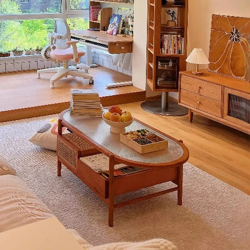 American Modern Solid Wood Eco-Friendly Durable Coffee Table Exquisite Oval Shape Rattan Weaving Small-Sized Home Use Living