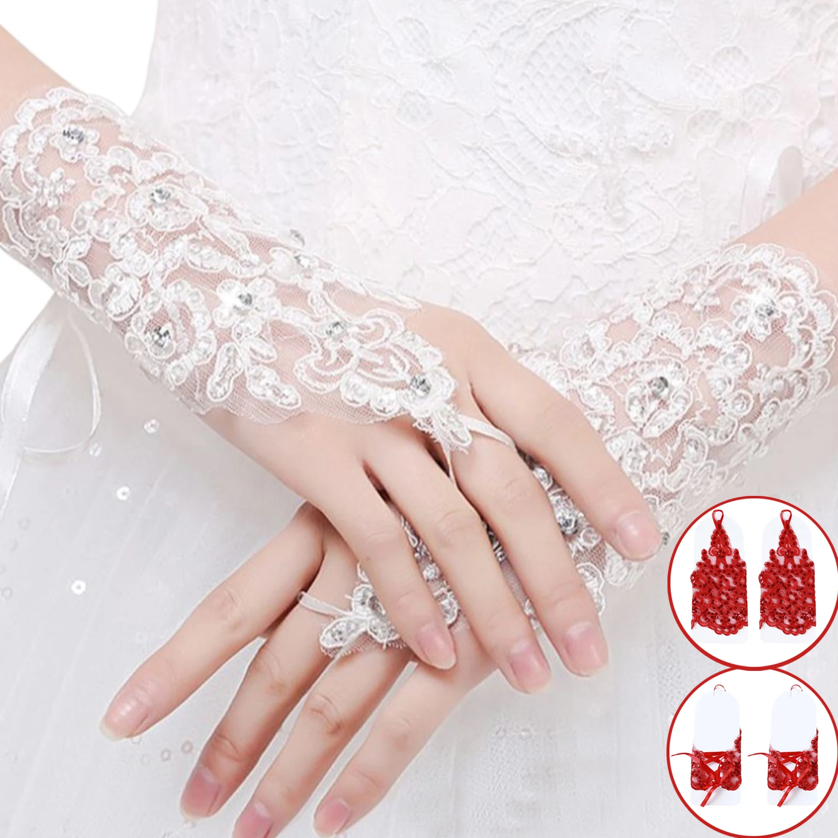 Elegant White Lace Gloves Beaded Crochet Lace Glove Clothing Accessories Sequin Applique Gloves Bride Fingerless Gloves New